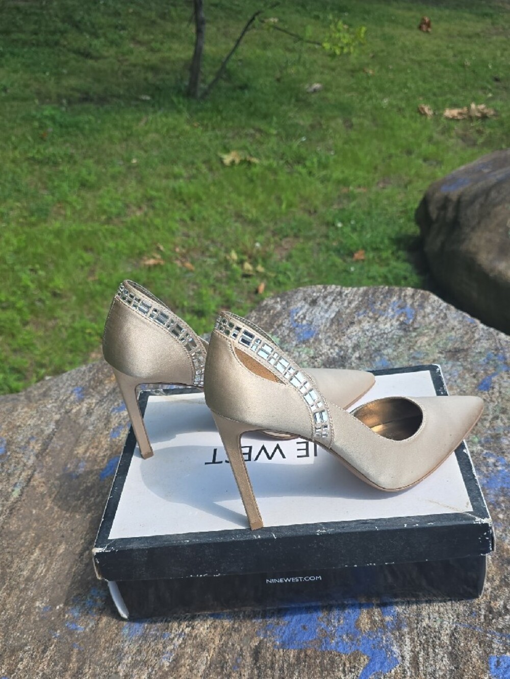 Nine West Satin Champagne D'Orsay Pointed-Toe Heels with Crystal Trim - Picture 3 of 9